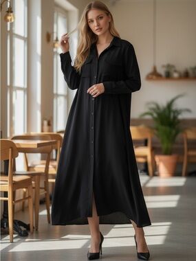 Bohme Button-Down Maxi Shirt Dress in Black